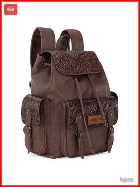 Western Floral Tooled Leather Backpack Purse with Drawstring Closure